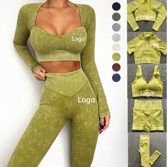 Sand Wash Woman Fashion Design 6 Pieces Seamless Yoga Set Ribbed Fabric High Waisted Shorts Leggings Yoga Set