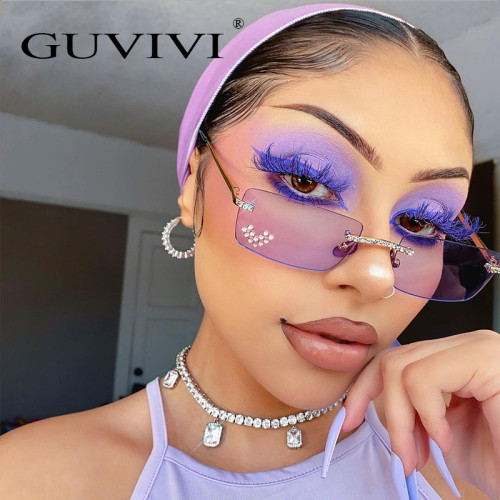 GUVIVI Wholesale Luxury Diamond Custom Fashion Ladies Rimless Designer Square Small Rectangle Frameless Women Shades Sunglasses