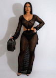 Lace Up Tassel Knitted Summer Beach Dress Women Sexy Hollow Out Deep V Neck Long Sleeve Backless Long Robe Cover Up Blouse