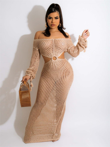 Lace Up Tassel Knitted Summer Beach Dress Women Sexy Hollow Out Deep V Neck Long Sleeve Backless Long Robe Cover Up Blouse