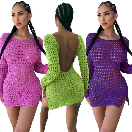 New arrival fashion sexy casual hollow out solid color halter dress long sleeve temperament street slim fit dress women clothing