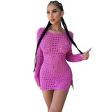 New arrival fashion sexy casual hollow out solid color halter dress long sleeve temperament street slim fit dress women clothing