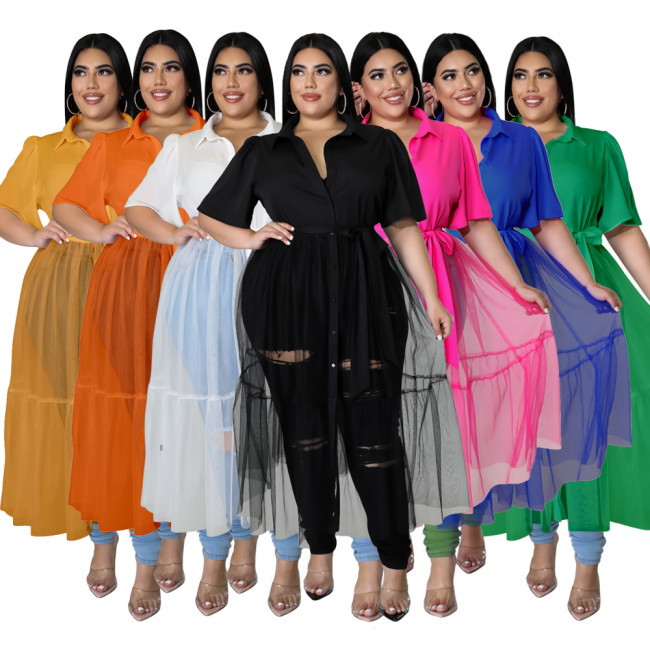 W 2023 new design fashion lapel solid color shirt mesh plus size top dress for women