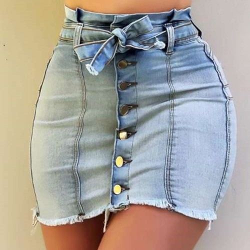 Harajuku Denim Mini Skirt Ladies Summer High Waist Lace Up Jeans Shorts Skirts Women Denim Bodycon Skirts with Fake Big Pockets