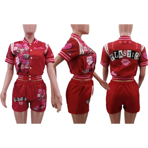 tk6281 women female 2 piece  short sleeve track baseball varisty letterman bomber cropped jacket and shorts set for women two piece