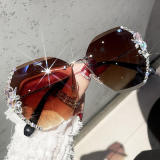 2023 glitter bulk buy Vintage rimless diamond Women Retro Cutting Lens Gradient Sun Glasses Female UV400