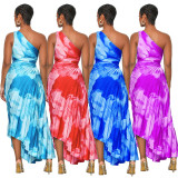 Y1217 women's clothing summer new sexy one shoulder wispy print pleated dress
