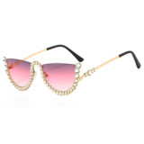 Metal half frame fashion women driving glasses modern celebrity luxury diamond rhinestone sunglasses