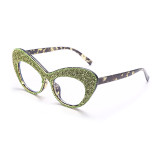 Guvivi Trend Rhinestone Sunglasses Fashion Cat Eye Oversize Frame Eyeglasses Anti Blue Light Crystal Clear Lens Eyewear