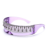 One Piece Sunglasses Candy Color Sunglasses Rhinestone Chain Shade Hair Hoop Diamond Luxury Rhinestone Sung lasses GVD7013