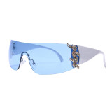 New Y2K Sunglasses Luxury Fashion Designer Rimless Curved Retro One Piece Oversized Sunglasses Metal Rhinestone GVB20919