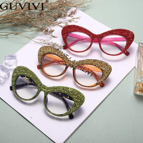 Guvivi Trend Rhinestone Sunglasses Fashion Cat Eye Oversize Frame Eyeglasses Anti Blue Light Crystal Clear Lens Eyewear