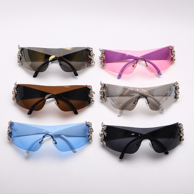 New Y2K Sunglasses Luxury Fashion Designer Rimless Curved Retro One Piece Oversized Sunglasses Metal Rhinestone GVB20919