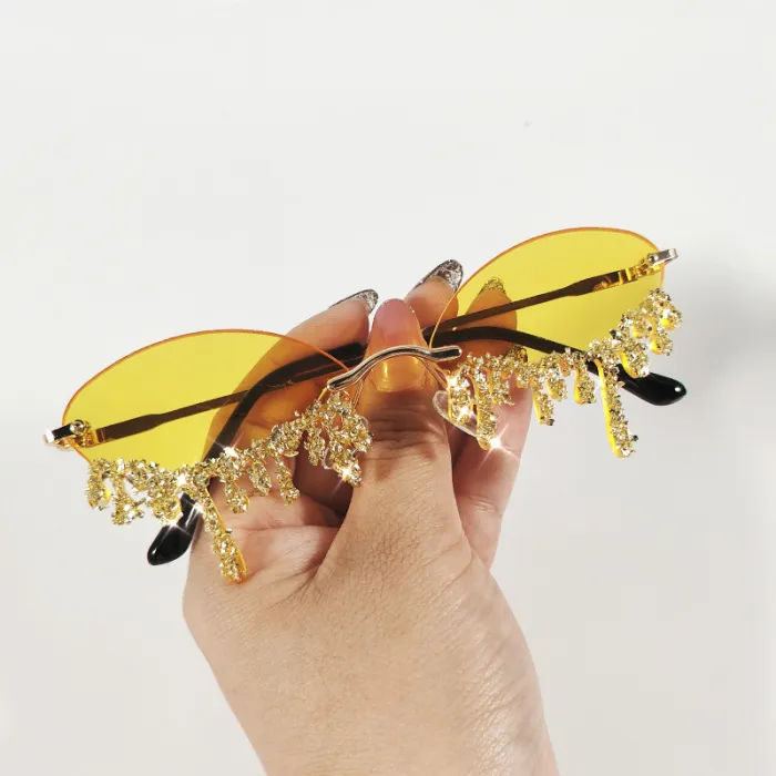Small Oval Rimless Tear Shape Rhinestone Sunglasses With Stone Brand Designer Punk Diamond Sun Glasses Gafas De Sol