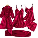 Pijamas 3 Piece Set Lounge Wear Nightgown 5 Piece Set Sexy Home Stretch Silk Pajamas Plus Size Women'S Sleepwear Set