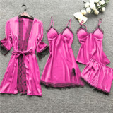 Hot style pure color satin sexy nightwear four-piece women sleepwear with breast pad