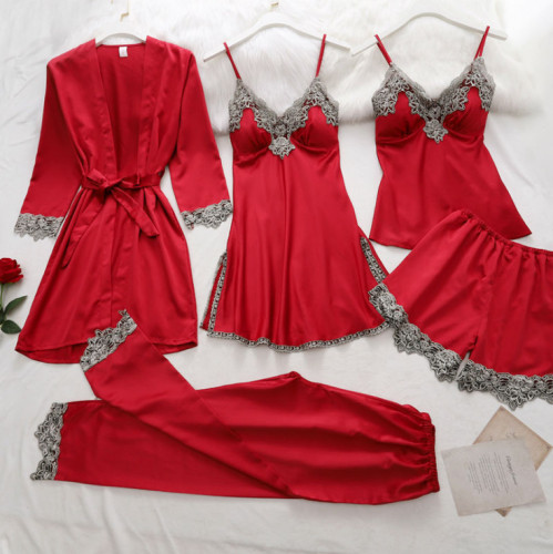 Women's 5 pcs  Satin Dress Cami Shorts Pajama Set with Robe Woman Night Dress