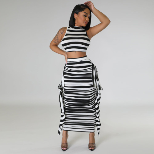 M7813 Women's 2023 Summer New Stripe Open Umbilical Tight Sleeveless Tank Skirt Two Piece Set