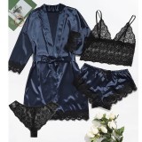 Women's pajamas 4-piece floral lace satin suspender pajamas set with nightgown