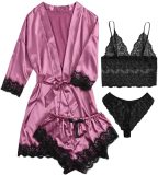 Sexy Sleepwear Ladies Luxury Pink Satin Lace Long Robe Pajamas 4 Pcs Set Nighty Pajamas Women's Sleepwear 	Pajama Sets