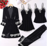 Gold velvet four-piece suspender skirt trousers nightgown sexy lingerie autumn sexy women's homewear