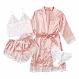 Sexy Sleepwear Ladies Luxury Pink Satin Lace Long Robe Pajamas 4 Pcs Set Nighty Pajamas Women's Sleepwear 	Pajama Sets