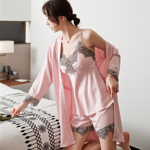 5PC Silk Robe Sleep Suit Womens Lace Satin Pajamas Gown Set V-Neck Cami Nighties Wear Pijama Home Nightwear Spring Nightdress