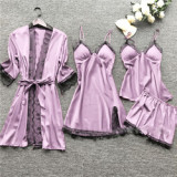 Hot style pure color satin sexy nightwear four-piece women sleepwear with breast pad