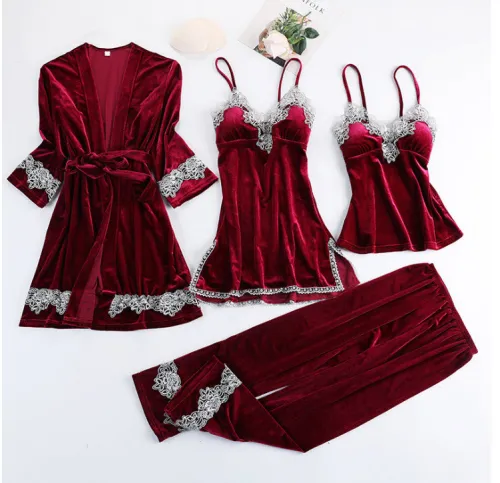 Gold velvet four-piece suspender skirt trousers nightgown sexy lingerie autumn sexy women's homewear