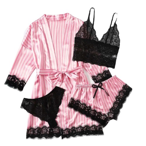 Customized Women's Sleepwear 4Pcs Floral Lace Nightwear Trim Satin Cami Pajamas Set With Robe