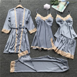 Pijamas Mujer Summer Sexy Five-Piece Sling Women'S Home Wear With Chest Pad 3pcs Nightgown Thin Section Plus Size Silk Pajamas W