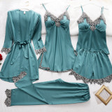 Coldker Satin Lace Pajamas Set Women 5PC Strap Top Pants Sleepwear Sleep Suit