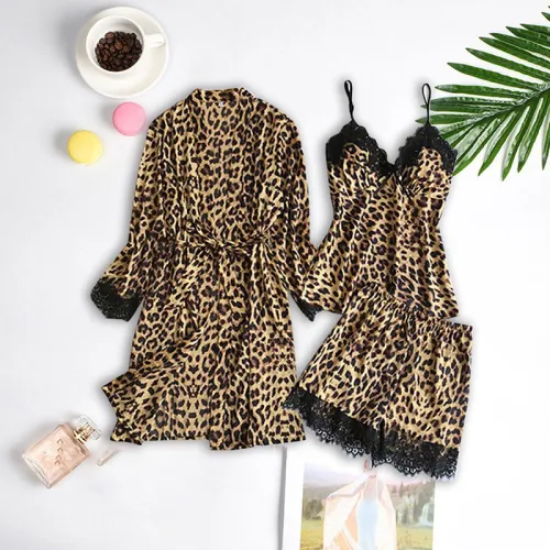 Hot style satin leopard print 3 pcs nightdress set