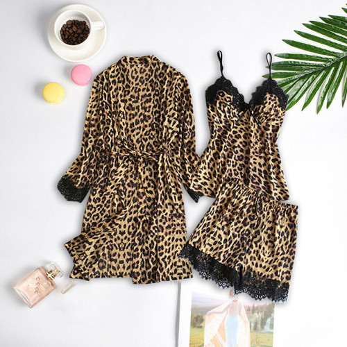 Hot style satin leopard print 3 pcs nightdress set