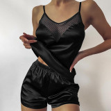 YJC0070 Female sexy silky satin pajamas seduction net black panel lace sleeveless strap sleepwear pajamas home