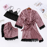 Custom Pijamas Mujer Nightgown Velvet 3 Piece Set Lounge Wear Sets 2pcs Sexy Silk Pajamas Lace Plus Size Women'S Sleepwear