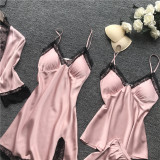 Hot style pure color satin sexy nightwear four-piece women sleepwear with breast pad