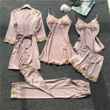Pijamas Mujer Summer Sexy Five-Piece Sling Women'S Home Wear With Chest Pad 3pcs Nightgown Thin Section Plus Size Silk Pajamas W