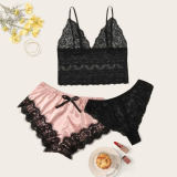 Sexy Sleepwear Ladies Luxury Pink Satin Lace Long Robe Pajamas 4 Pcs Set Nighty Pajamas Women's Sleepwear 	Pajama Sets