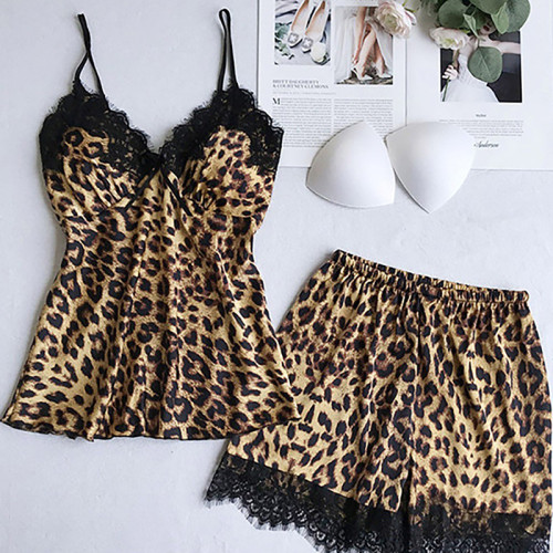 Hot style satin leopard print 3 pcs nightdress set