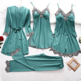 Women's 5 pcs  Satin Dress Cami Shorts Pajama Set with Robe Woman Night Dress