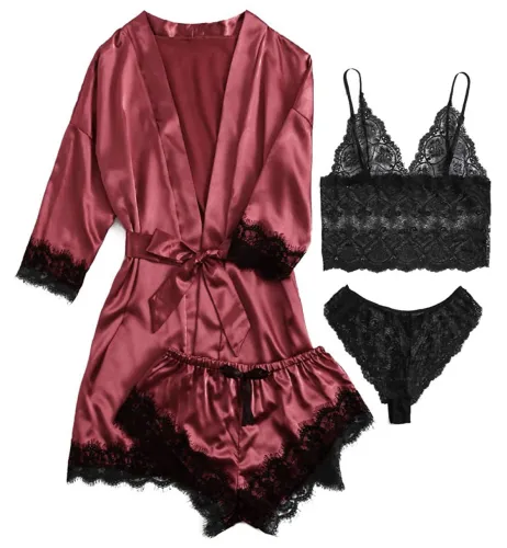 Women's pajamas 4-piece floral lace satin suspender pajamas set with nightgown