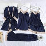 Coldker Satin Lace Pajamas Set Women 5PC Strap Top Pants Sleepwear Sleep Suit
