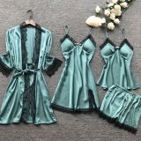 Hot style pure color satin sexy nightwear four-piece women sleepwear with breast pad