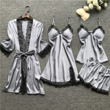 Hot style pure color satin sexy nightwear four-piece women sleepwear with breast pad