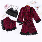 Custom Pijamas Mujer Nightgown Velvet 3 Piece Set Lounge Wear Sets 2pcs Sexy Silk Pajamas Lace Plus Size Women'S Sleepwear