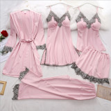 Women's 5 pcs  Satin Dress Cami Shorts Pajama Set with Robe Woman Night Dress