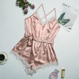 Wholesale Lace V-neck Silk Suspender Pajamas Fashion Casual Home Clothes Sexy Satin Lingerie Women One Piece Sleepwear