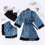 Custom Pijamas Mujer Nightgown Velvet 3 Piece Set Lounge Wear Sets 2pcs Sexy Silk Pajamas Lace Plus Size Women'S Sleepwear