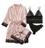 Women's pajamas 4-piece floral lace satin suspender pajamas set with nightgown